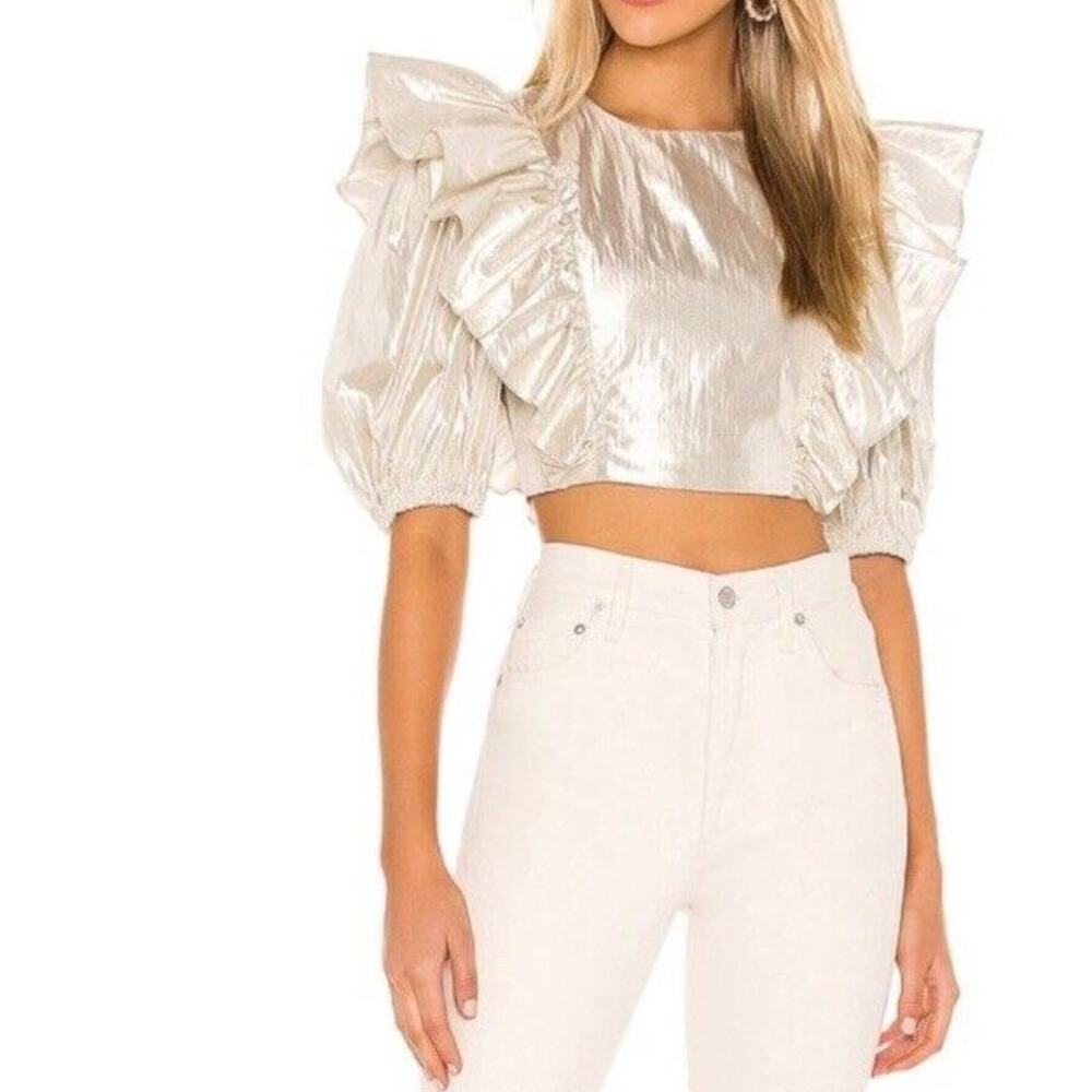 Lovers + Friends Revolve Crop Top Ruffle Metallic Foil Gold Puff Sleeve Sz XS - Picture 2 of 9